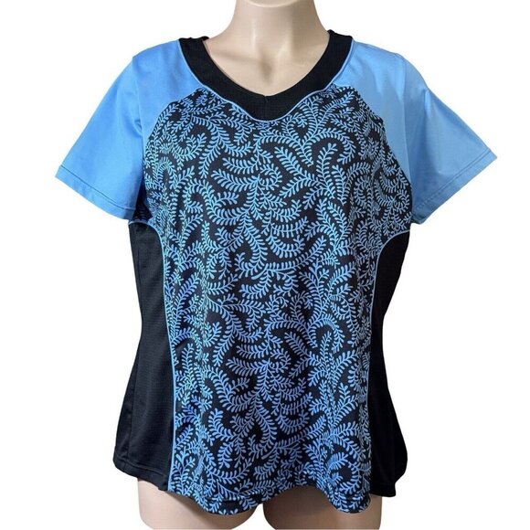 NONIA Luxe Activewear Top Women 2X Black‎ Turquoise V-Neck Short Sleeves Workout - Picture 1 of 13